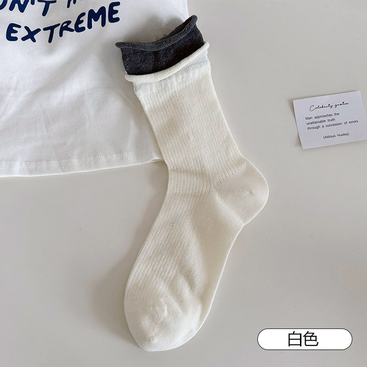 女襪|拼色雙羅口襪子女棉質親膚吸汗透氣中筒襪彈力無骨潮流簡約堆堆襪「MK5084」25.06-1