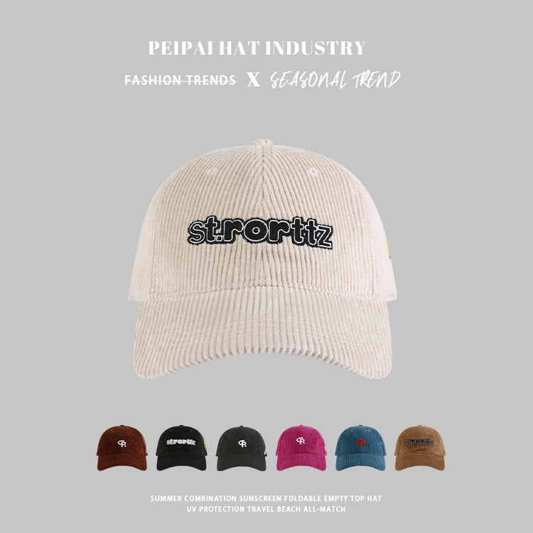 流行帽子|新款燈芯絨st字母刺繡棒球帽春秋季時尚百搭寬檐遮臉保暖帽子女潮「C4438」24.09-2