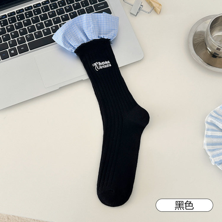 女襪|灰色堆堆襪子女棉質吸汗透氣親膚中筒襪ins潮刺繡字母襪子「DQ25810」25.04-3