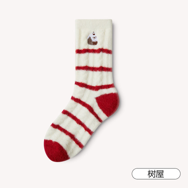 女襪|加絨加厚襪子女秋冬季蓄熱保暖澳絨中筒襪親膚舒適卡通可愛聖誕襪「H5529」24.12-3