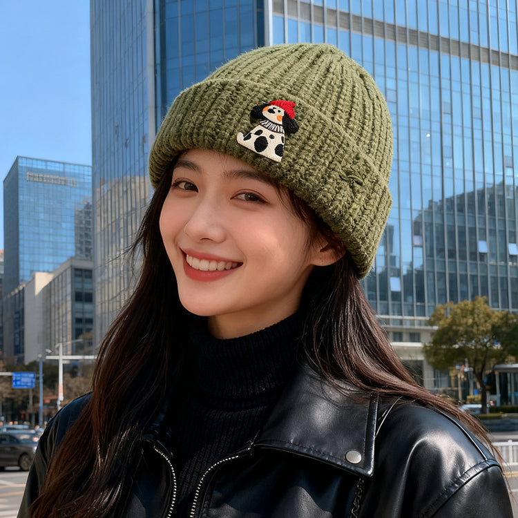 流行帽子|韓版小狗貼布破洞帽子女秋冬季加厚保暖毛線帽可愛針織護耳包頭帽「C5756」25.11-1