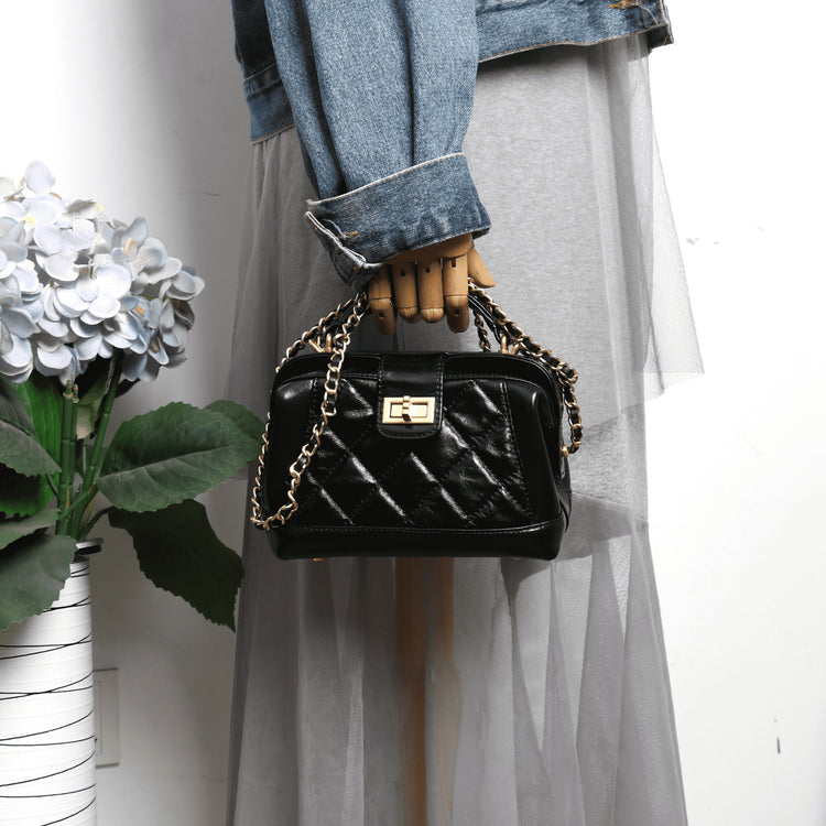 質感真皮|牛皮法式小眾菱格鏈條包包女時尚手提包通勤單肩斜挎小包「8073」24.05-4