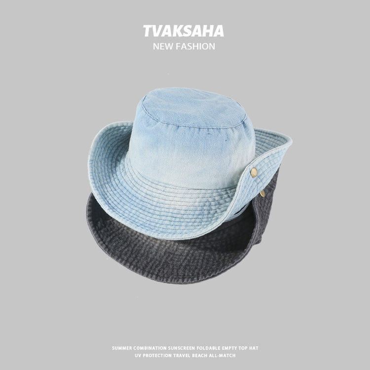 流行帽子|帽子2024新款復古風日系牛仔漁夫帽百搭水洗大卷邊春秋戶外登山帽「C4268」24.08-2