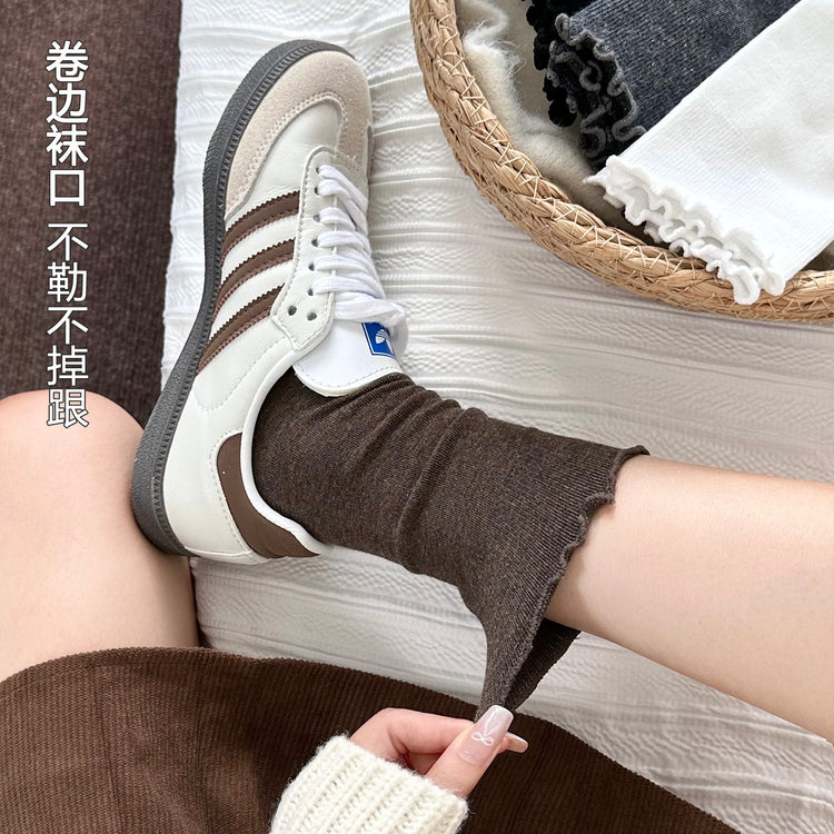 女襪|純色襪子女彈力木耳邊親膚舒適堆堆襪棉質吸汗透氣抑菌防臭中筒襪「DS1153」25.09-3