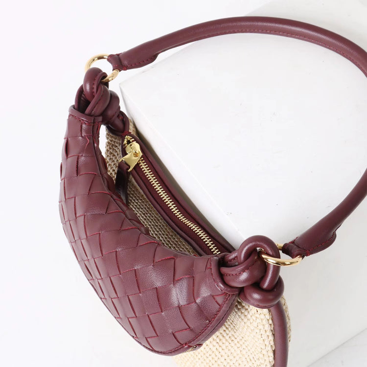 質感真皮|2025新款拉菲草編拼牛皮雙子包拼色月亮包度假單肩腋下包時尚編織包「9781-1」25.07-1