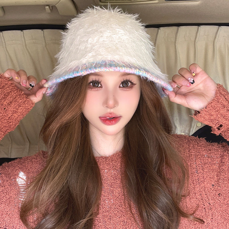 流行帽子|帽子女秋冬季彩虹檐邊毛絨針織水桶帽加厚保暖毛茸茸顯臉小毛線帽「C4442」24.09-2