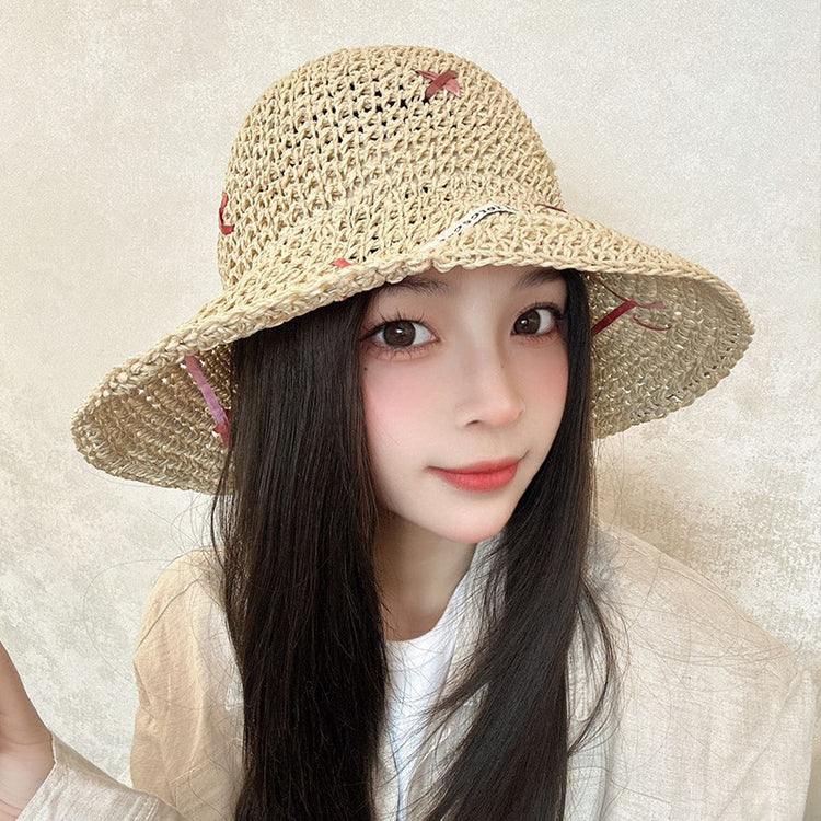 流行帽子|韓版度假風可愛草編漁夫帽女防曬帽夏季海邊防紫外線沙灘大檐草帽「C5025」25.02-3