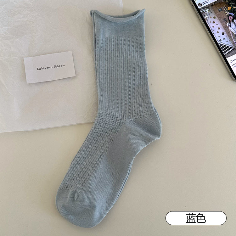 女襪|灰色堆堆襪子女棉質鏤空網眼透氣中筒襪親膚舒適彈力無骨休閒襪「MI1141」25.04-4
