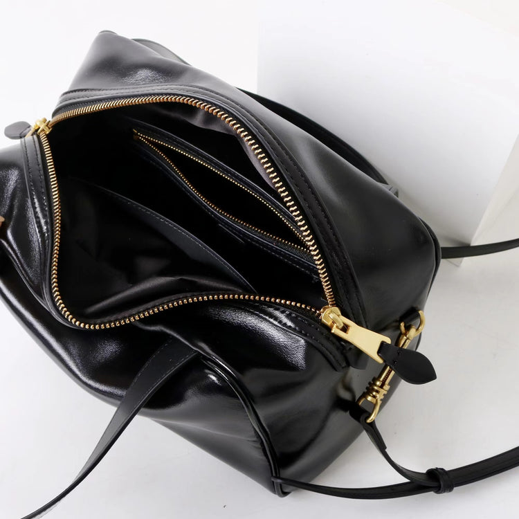 質感真皮|2025新款時尚牛皮手柄保齡球波士頓手提包小眾設計休閒百搭斜背包「8566」25.09-2