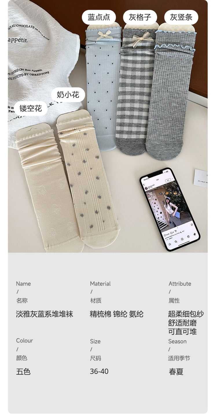 女襪|襪子女士miu系蝴蝶結親膚舒適中筒襪夏季薄款吸濕透氣堆堆襪「SM2510」25.04-4