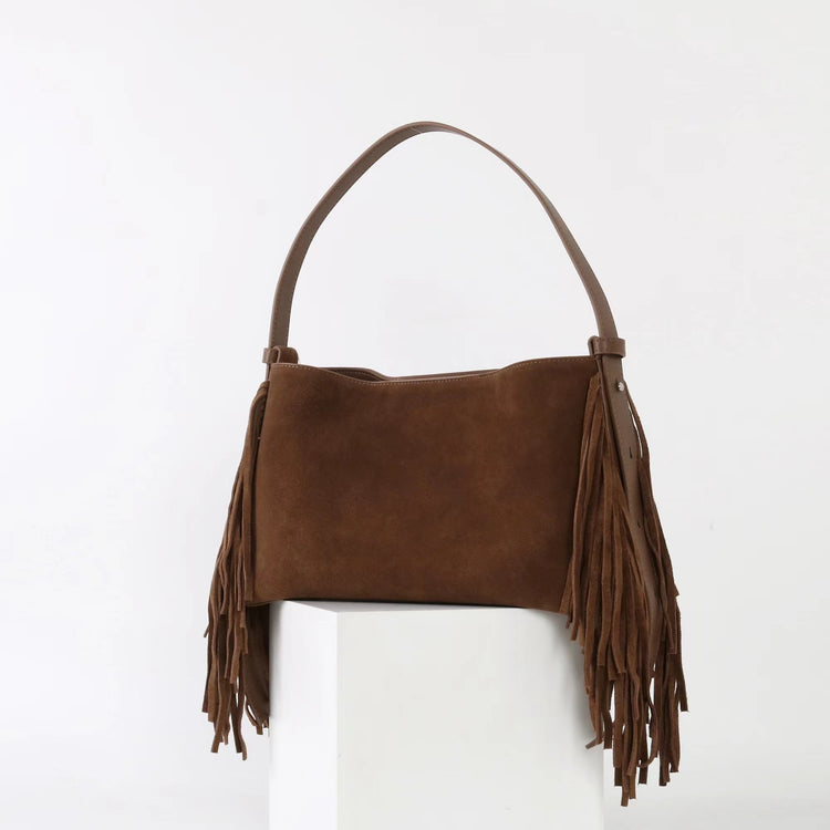 質感真皮|2025全新流蘇磨砂真皮斜背包度假風大容量百搭休閒托特包輕奢「7053」25.09-2