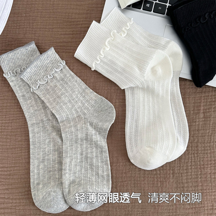 女襪|彈力木耳邊襪子女棉質吸汗透氣薄款堆堆襪竪條鏤空網眼舒適中筒襪「CX798」25.08-1