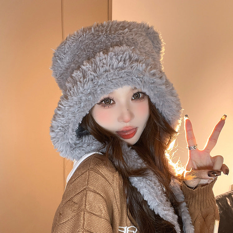 流行帽子|冬季新款可愛小熊耳朵毛絨帽子女綁帶毛線帽大頭圍護耳保暖針織帽「C4841」24.11-3