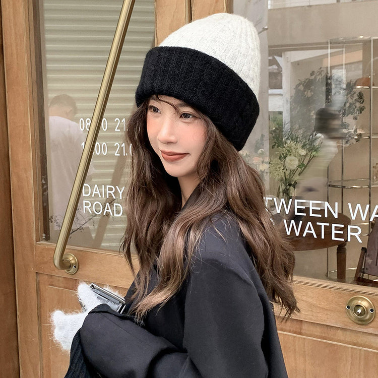 流行帽子|韓系撞色毛線帽女秋冬含羊毛保暖針織帽甜美簡約顯臉小寬松護耳帽「C4808」24.11-2