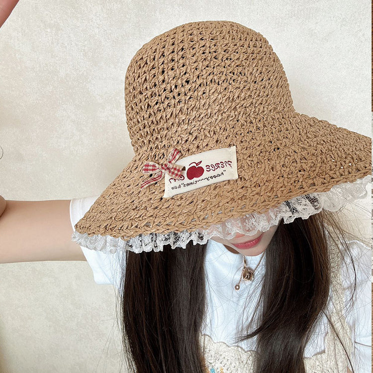 流行帽子|蕾絲邊蝴蝶結鏤空草帽女士夏季海邊度假沙灘太陽帽透氣防曬遮陽帽「C5024」25.02-3