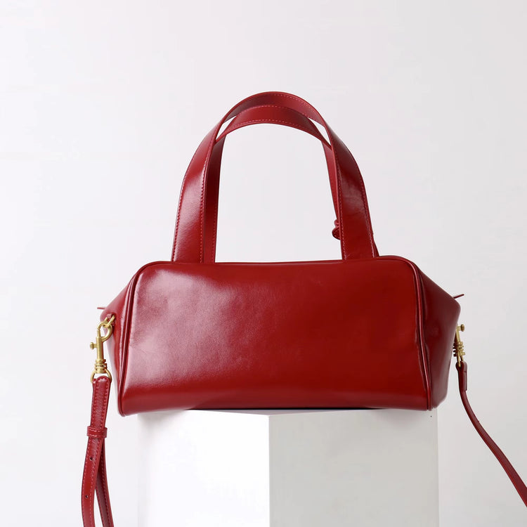 質感真皮|2025新款時尚牛皮手柄保齡球波士頓手提包小眾設計休閒百搭斜背包「8566」25.09-2