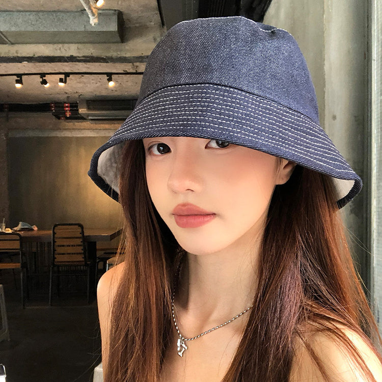 流行帽子|日系雙面可戴帽子女春夏顯臉小牛仔漁夫帽百搭水桶帽遮陽防曬盆帽「C5484」25.08-3