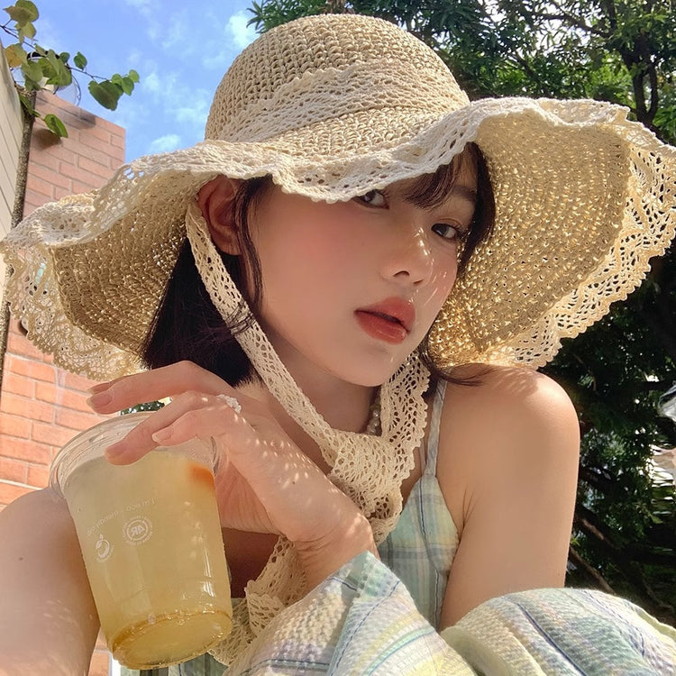 流行帽子|高品質法式草帽女夏季新款蕾絲花邊太陽帽鏤空防曬帽海邊遮陽帽子「C5113」25.03-4