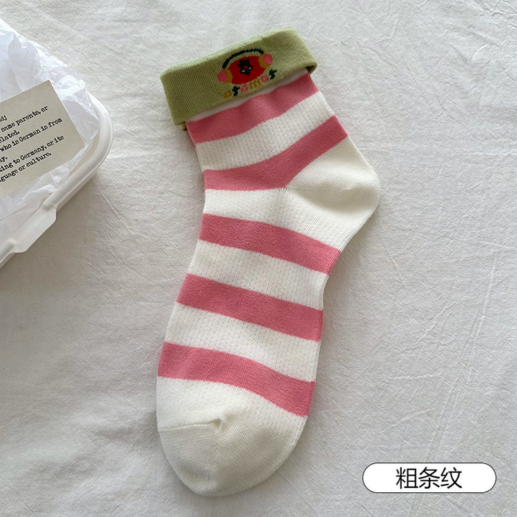 女襪|翻邊襪口襪子女夏季薄款網眼透氣中筒襪棉質吸汗防臭簡約休閒襪「XHS8033」25.04-3