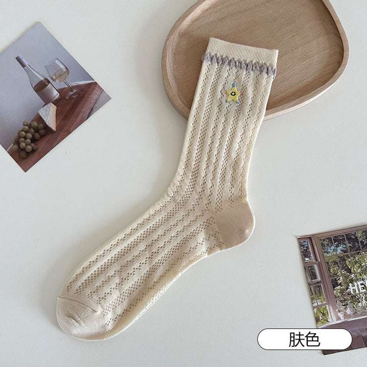 女襪|花邊襪子女夏季薄款鏤空網眼透氣彈力中筒襪卡通動物刺繡堆堆襪「TM7545」25.04-5