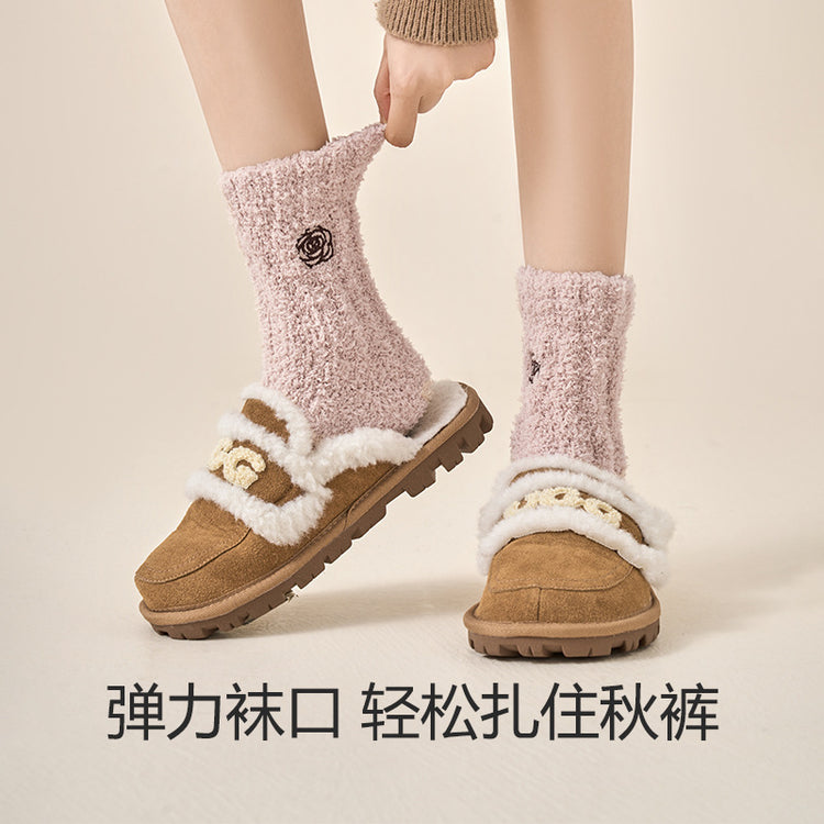 女襪|白色刺繡襪子女秋冬蓄熱鎖溫加絨加厚睡眠襪彈力軟糯親膚珊瑚絨襪「AD2388」24.12-1