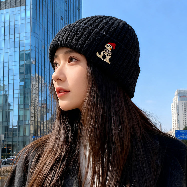 流行帽子|韓版小狗貼布破洞帽子女秋冬季加厚保暖毛線帽可愛針織護耳包頭帽「C5756」25.11-1