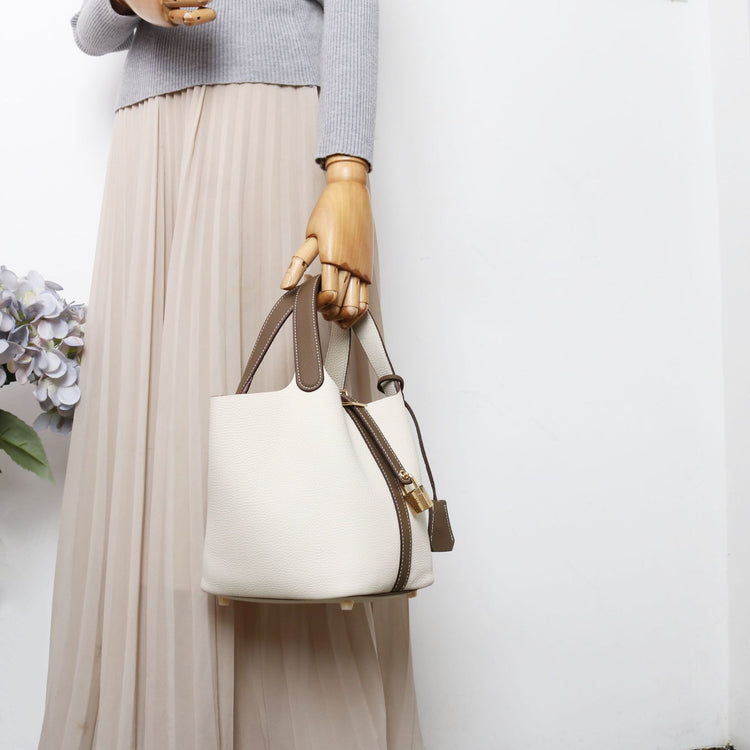 質感真皮|togo頭層牛皮拼接菜籃2024年新款時尚軟牛皮水桶包手提手拎包「226#」24.10-3