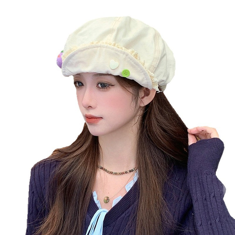 流行帽子|可愛卡通蝴蝶結顯臉小帽子女春夏出遊雲朵帽百搭翻檐蕾絲邊貝雷帽「C5380」25.07-3