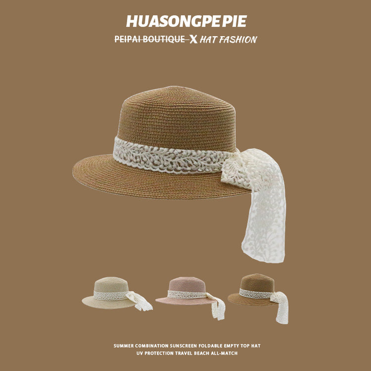 流行帽子|帽子女夏季新款防曬帽日系純色草編蕾絲蝴蝶結草帽出遊百搭遮臉帽「C3986」24.06-4