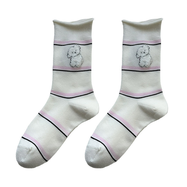 女襪|彈力卷邊襪子女可愛卡通西高地中筒襪撞色條紋吸汗透氣諸暨襪子「WN2513」25.08-4