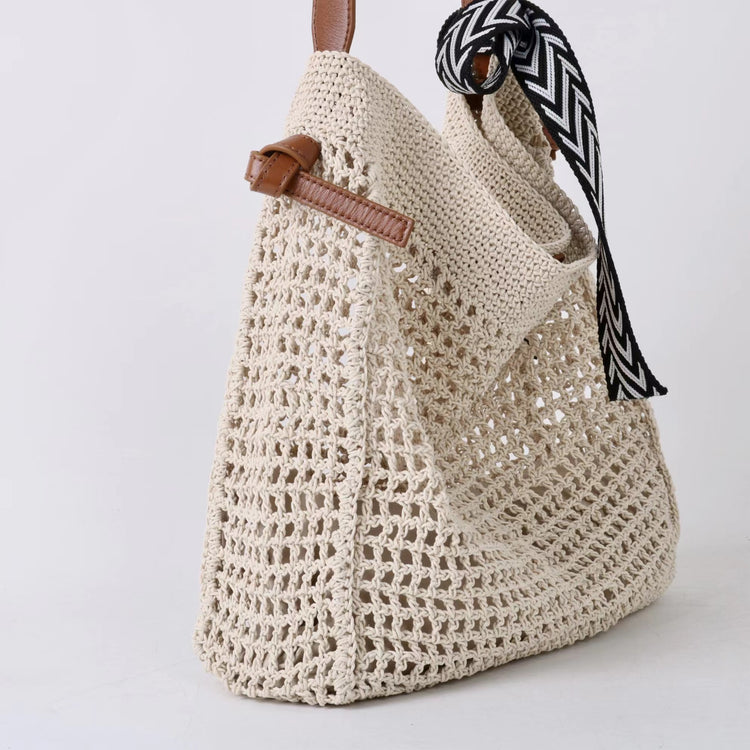 質感真皮|2025新款蠟繩編織托特大容量斜背包頭層牛皮沙灘度假通勤包ins女「3853」25.04-5