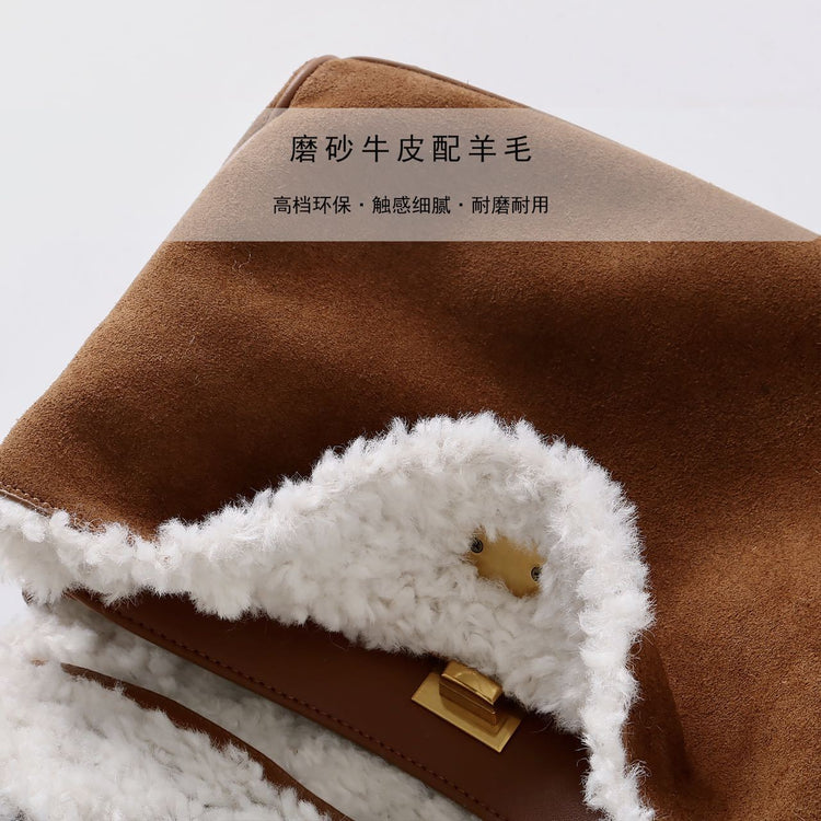 質感真皮|秋冬羊皮拼接磨砂牛皮腋下凱莉包鎖扣手提托特包通勤單肩斜挎大包「6138」24.11-4