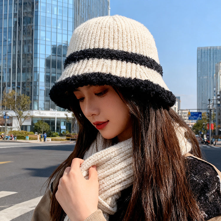 流行帽子|2025新款大頭圍帽子女保暖漁夫帽護耳百搭針織帽韓版戶外條紋盆帽「C2621A」25.10-3