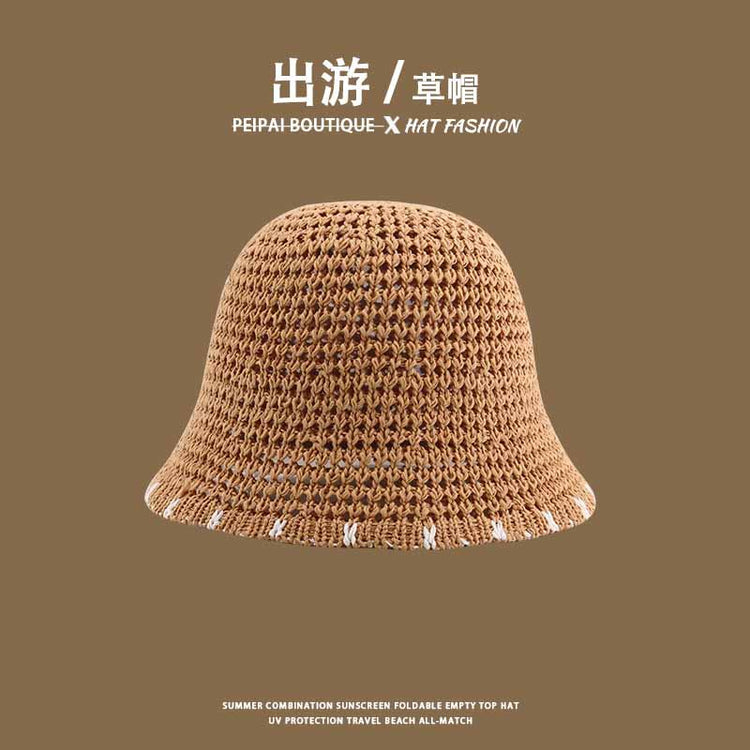 流行帽子|草帽編織女可折疊沙灘帽夏季鏤空透氣水桶帽甜美海邊遮陽帽子批發「C3748」24.03-4