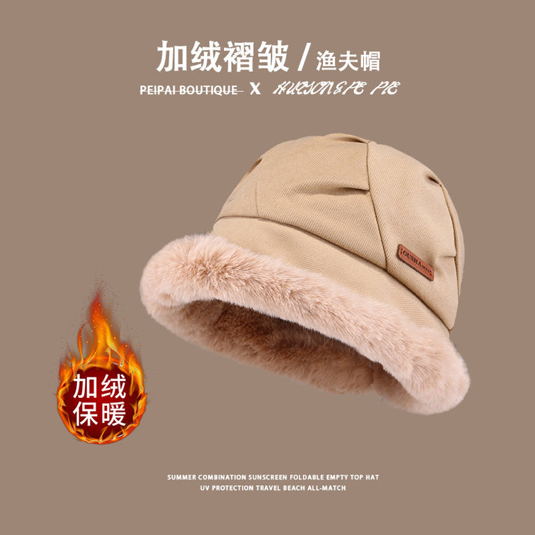 流行帽子|秋冬季帽子女保暖日系毛絨顯臉小簡約百搭布標ous加絨褶皺漁夫帽「C3401」24.11-4