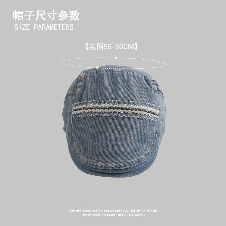 流行帽子 | 帽子秋冬新款美式復古風牛仔前進帽小香鑽蕾絲邊百搭顯臉小畫家帽「C4290」24.08-3