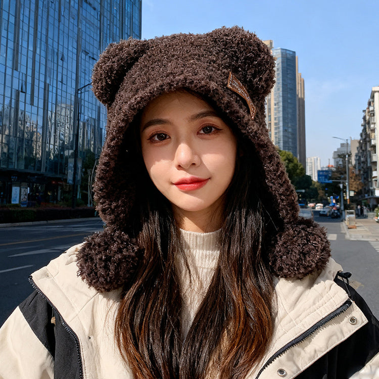流行帽子|可愛小熊耳朵球球毛絨帽子女秋冬保暖百搭針織帽護耳防寒「C5746」25.11-1