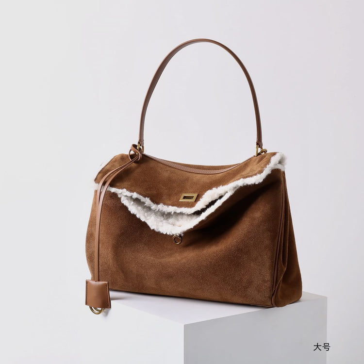 質感真皮|秋冬羊皮拼接磨砂牛皮腋下凱莉包鎖扣手提托特包通勤單肩斜挎大包「6138」24.11-4