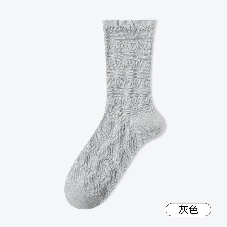 女襪|花邊網眼襪子女夏季薄款鏤空輕薄透氣堆堆襪棉質吸濕透氣中筒襪「S5006」25.02-3