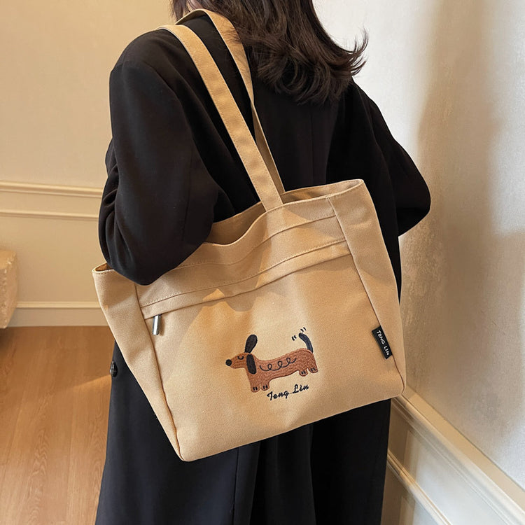 致青春|韓國文藝包女臘腸狗刺繡手提單肩包休閒時尚百搭學生托特包批發「2857-126」25.03-3