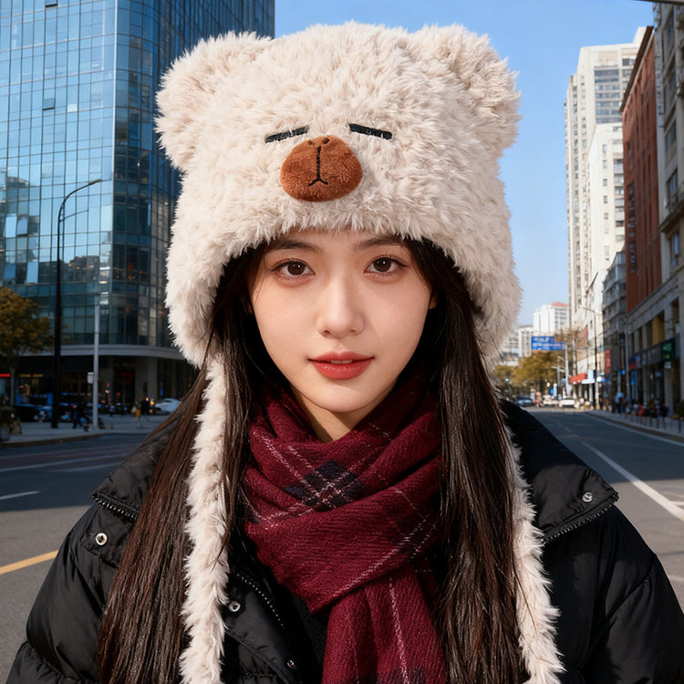 流行帽子|韓系可愛卡皮巴拉毛絨帽子女加厚保暖針織帽秋冬百搭防寒護耳帽男「C5722」25.10-3