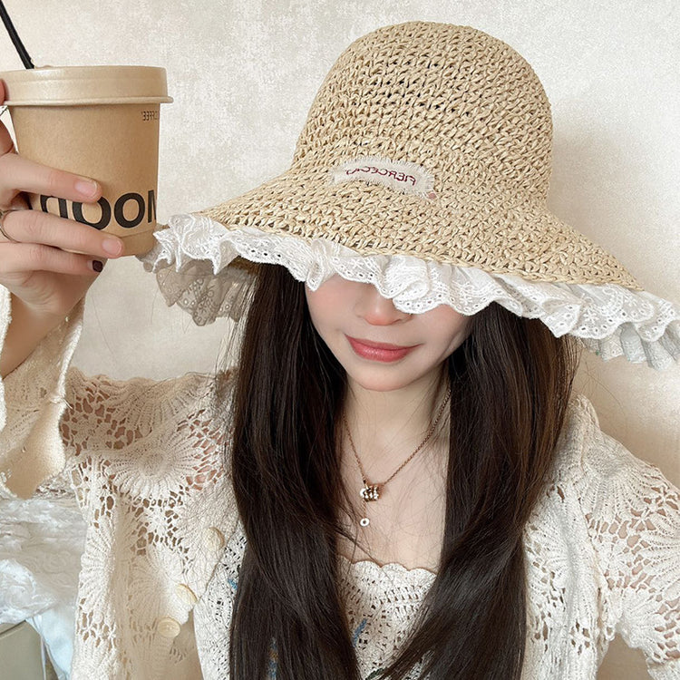 流行帽子|蕾絲邊草帽女夏季甜美大帽檐手工編織遮陽帽戶外海邊度假太陽帽子「C5023」25.02-3