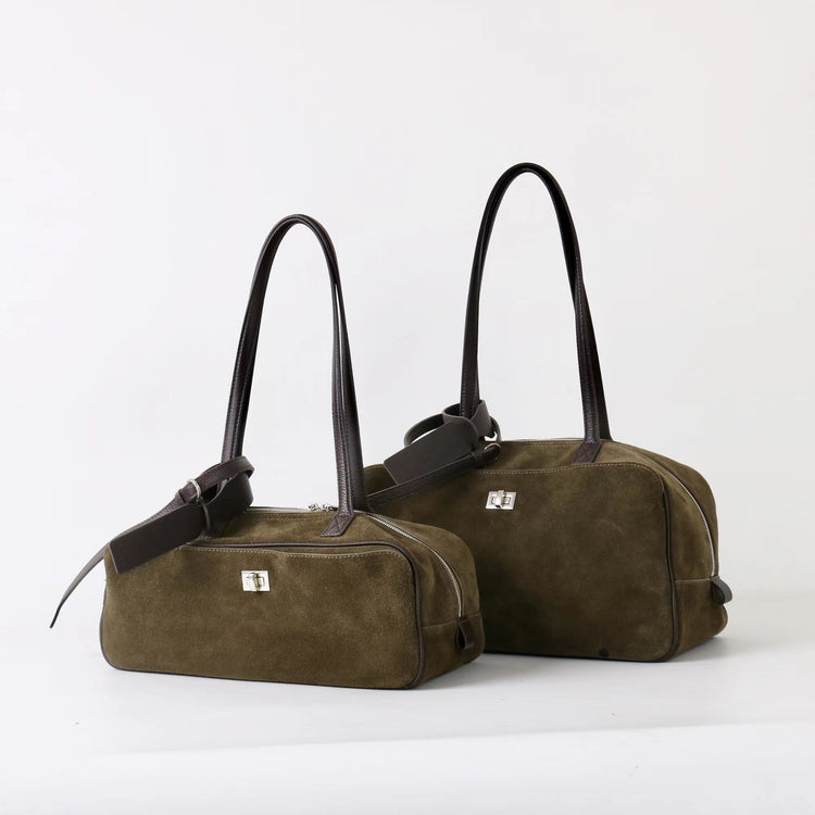 質感真皮|2025新款百搭輕奢磨砂牛皮波士頓大包單肩托特枕頭通勤保齡球包「X3989D3988」25.09-3