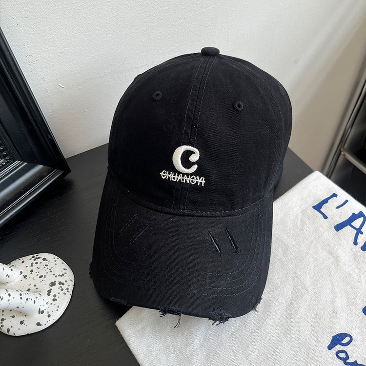 流行帽子|字母破洞棒球帽子女春夏新款復古百搭遮陽帽顯臉小軟頂鴨舌帽子男「C4884」24.12-5