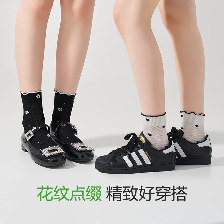 女襪|木耳花邊襪子女春夏季薄款鏤空網眼透氣中筒襪涼感親膚彈力堆堆襪「XC2215」25.02-2