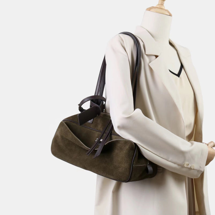 質感真皮|2025新款百搭輕奢磨砂牛皮波士頓大包單肩托特枕頭通勤保齡球包「X3989D3988」25.09-3