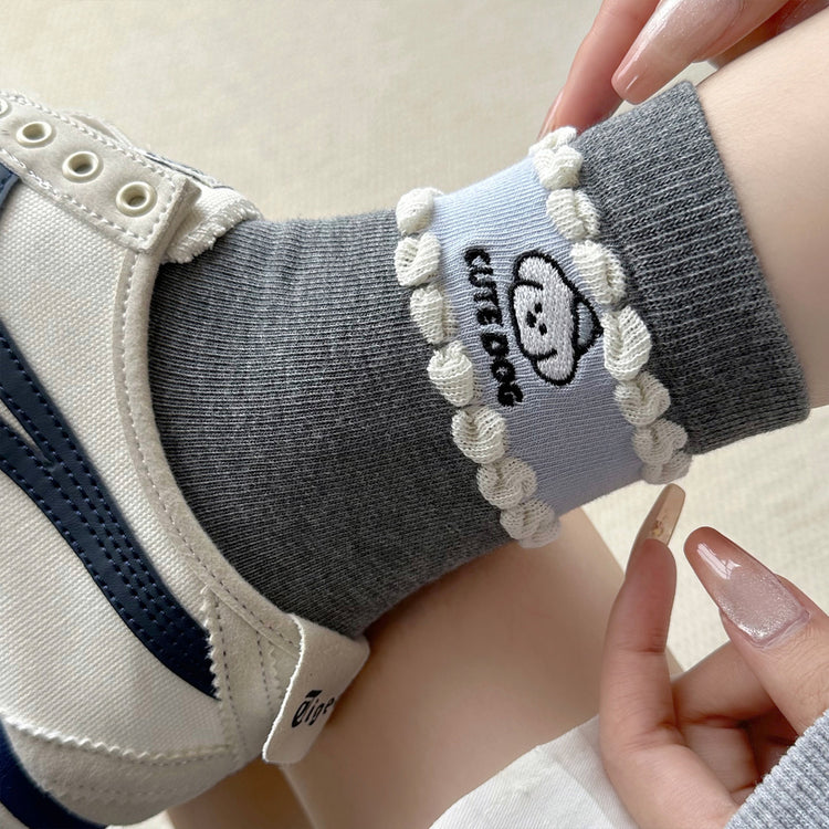 女襪|卡通圖案襪子女棉質吸汗透氣親膚舒適中筒襪雙針耐磨花邊諸暨襪子「YR1206」25.08-4