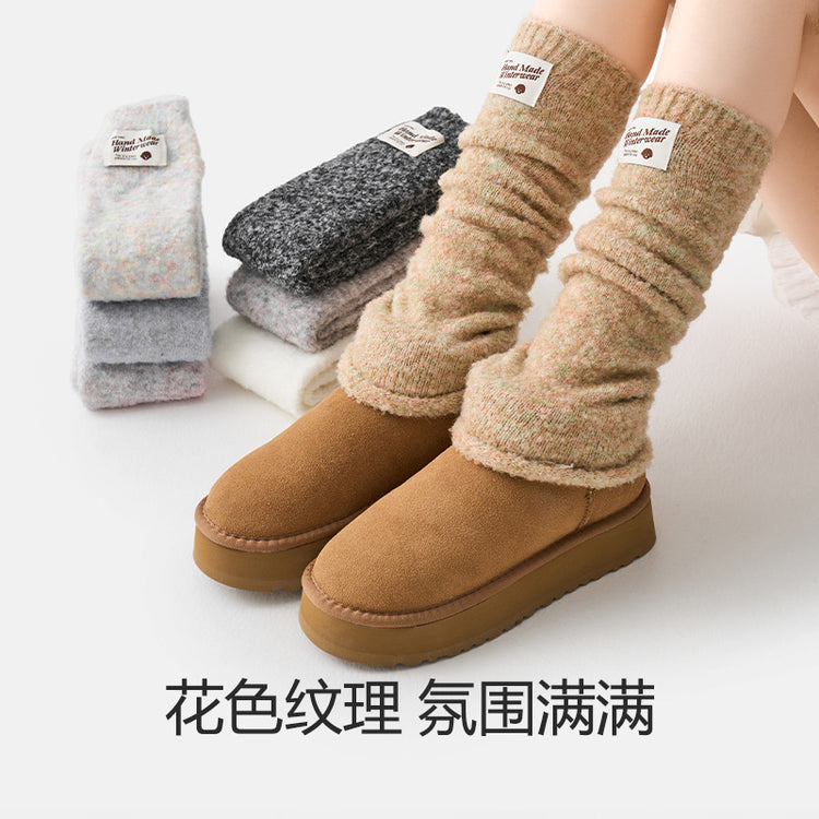 女襪|白色羊絨襪子女彈力羅口蓄熱鎖溫堆堆襪套秋冬季加厚保暖舒適腿套「YM2470」24.12-4