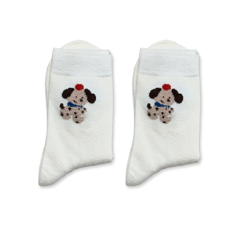 女襪|白色堆堆襪子女卡通小狗刺繡ins彈力中筒襪秋冬加厚保暖襪子「SM24524」24.11-2