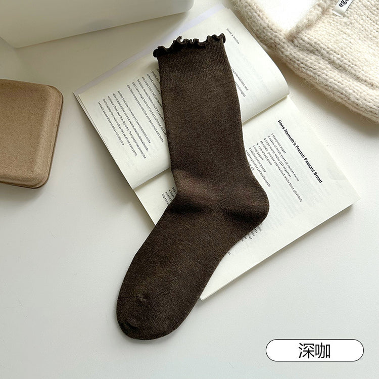 女襪|純色襪子女彈力木耳邊親膚舒適堆堆襪棉質吸汗透氣抑菌防臭中筒襪「DS1153」25.09-3
